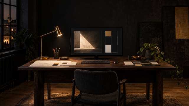 Abendlicher Designer-Arbeitsplatz mit Monitor, Skizzen, Farbmustern und Messinglampe