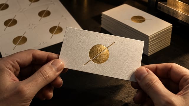 Hände halten eine Visitenkarte mit Goldfolienprägung, dahinter ein Druckbogen