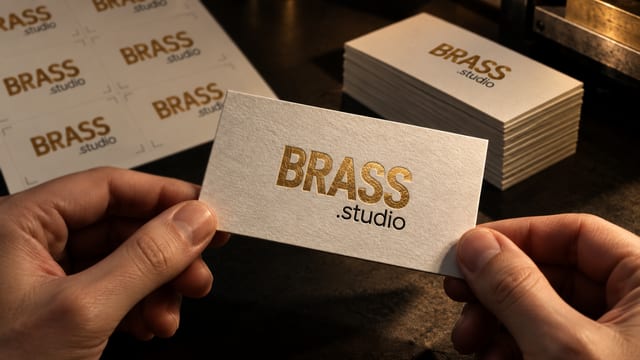 Hände halten eine Visitenkarte mit Goldfolienprägung, dahinter ein Druckbogen