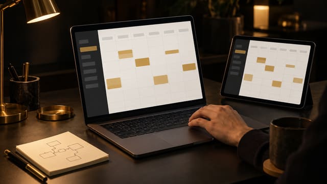 Laptop und Tablet zeigen ein Web-Tool mit Buchungskalender