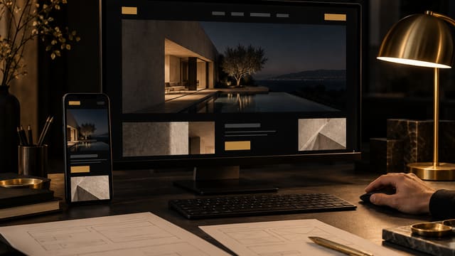 Monitor und Smartphone zeigen einen Website-Entwurf, daneben Wireframe-Skizzen